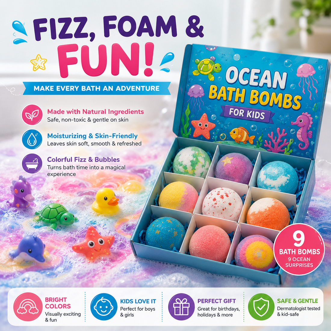 Rainbow Bath Bomb Gift Set – 9 Fun Fizzing Bath Bombs for Kids