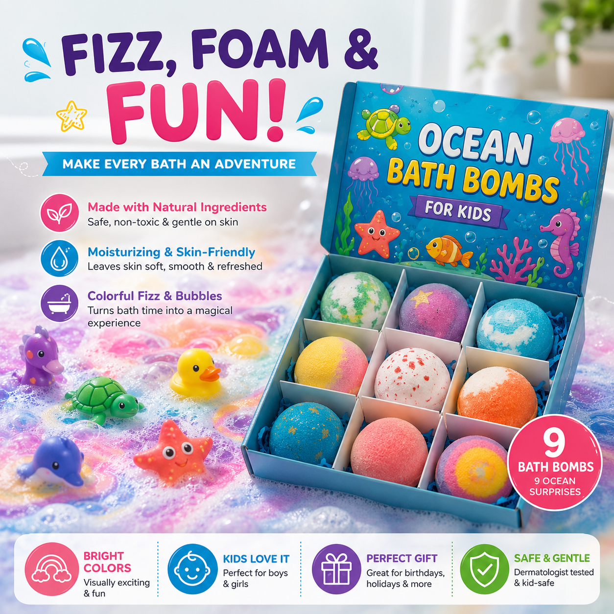 Rainbow Bath Bomb Gift Set – 9 Fun Fizzing Bath Bombs for Kids