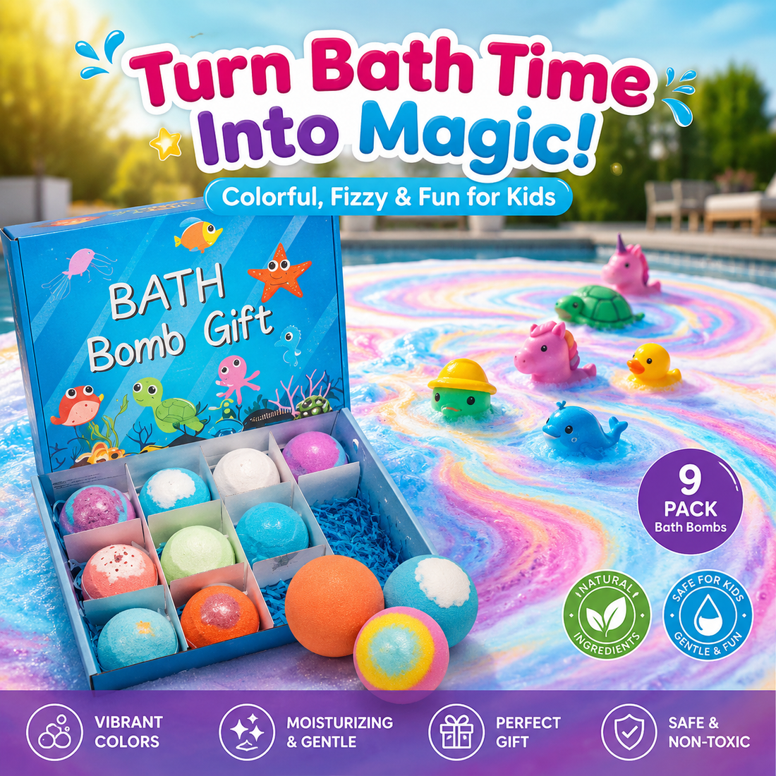 Rainbow Bath Bomb Gift Set – 9 Fun Fizzing Bath Bombs for Kids