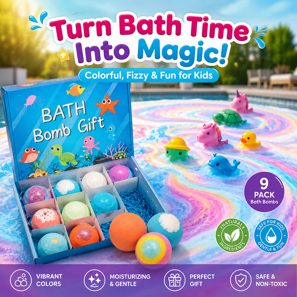 Rainbow Bath Bomb Gift Set – 9 Fun Fizzing Bath Bombs for Kids